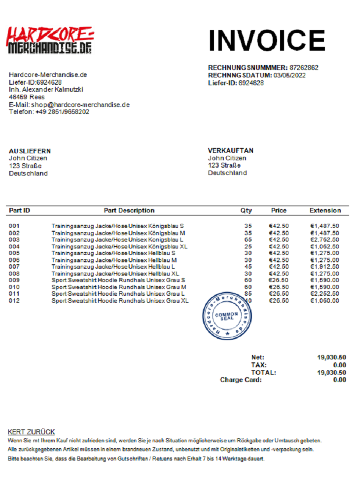 Germany Hardcore Merchandise invoice J. C. doc PSD template